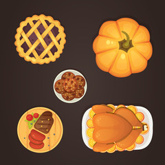 thanksgiving dish menu top view table with roasted turkey vector cartoon. Pumpkin with barry pie and meat. Vector cartoon illustration.