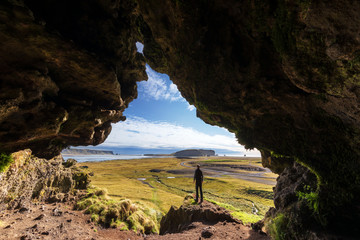 A cave and the amazing landscape of Iceland