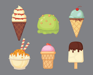 Collection of vector cartoon ice cream illustrations. Summer food.