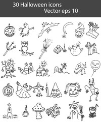 Set of Halloween icons doodle. Vector eps 10.