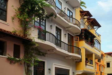 Fototapeta na wymiar Casco viejo (old city) colorful house fasades, Panama city, Panama