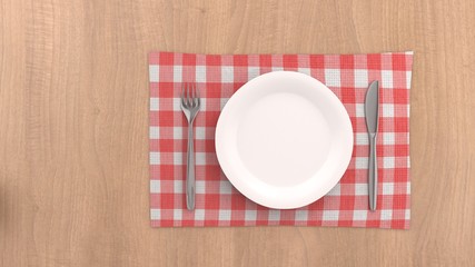 Plate and cutlery over red seamless tablecloth - Top view (3D rendered) #6