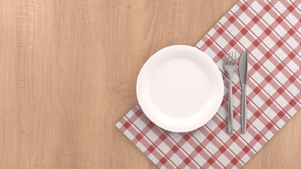 Plate and cutlery over red seamless tablecloth - Top view (3D rendered)