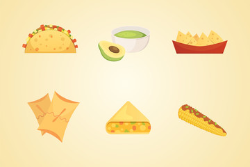 Mexican cuisine cartoon dishes illustration set vector