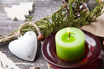 Christmas decorations on brown shabby background