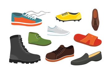 Male man season shoes in flat style. Men boots isolated set vector illustration