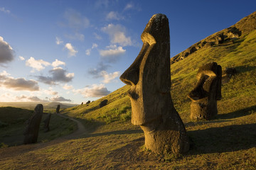 South America, Chile, Rapa Nui, Easter Island, giant monolithic stone Maoi statues at Rano Raraku