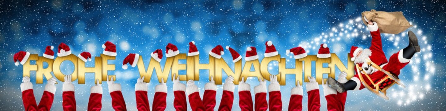 frohe weihnachten Weihnachtsmann auf Schlitten lustig umfliegt Hände mit goldenen Buchstaben vor blauem Hintergrund