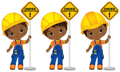 Vector Cute Little African American Boys Holding the Signs - Under Construction