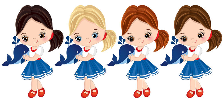 Vector Cute Little Girls Dressed in Nautical Style with Baby Whales