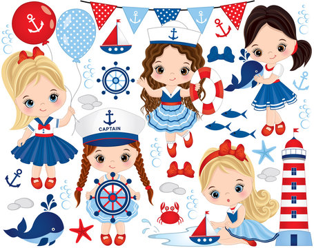 Vector Set with Cute Little Girls Dressed in Nautical Style and Marine Animals and Objects