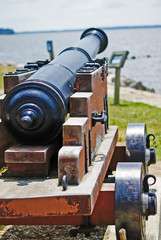 A historical cannon pointed at the water