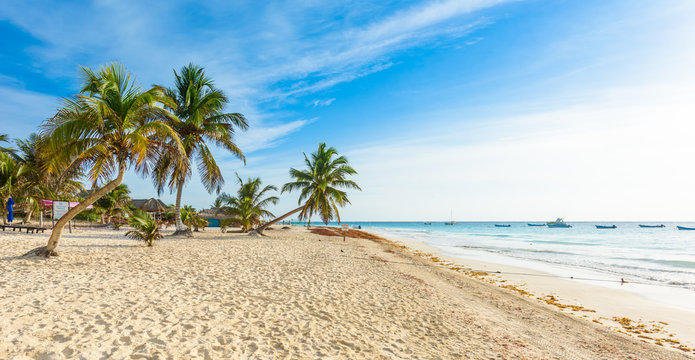 Paradise Beach also called Playa Paraiso at Tulum - sunrise at beautiful and tropical caribbean coast of Tulum in Quintana Roo, Riviera Maya, Mexico