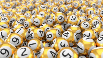 golden lottery balls stack background. 3d illustration - obrazy, fototapety, plakaty