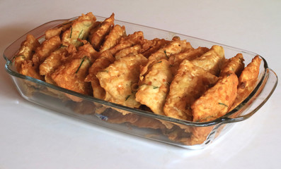 Tempe Kemul. Fried tempeh with flour batter.