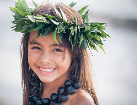 Portrait of a Smiling Young Traditional Hawaiian Hula Dancer Girl