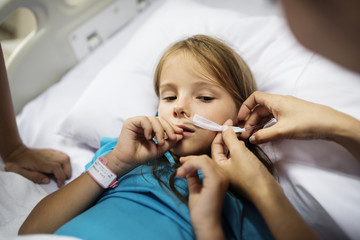 Young Caucasian girl staying at a hospital