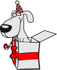 kiste überraschung geburtstag party feiern geschenke hut aufgeregt freut sich welpe klein kind warten gehorsam lustig hund süß niedlich haustier comic cartoon
