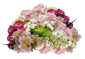Bouquet of pink-yellow-white flowers on an isolated white background with clipping path.  no shadows. Closeup. Roses cloves chrysanthemum chamomile lilies. Nature.