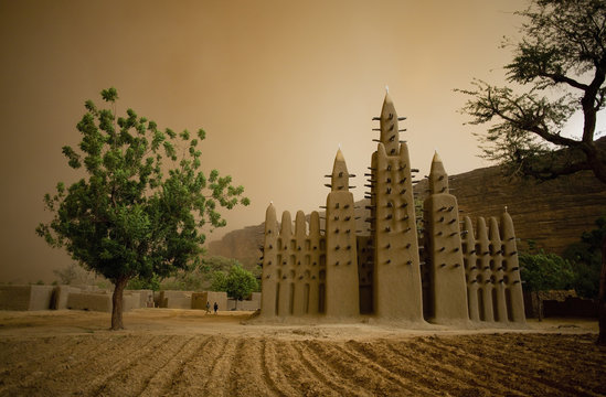 The mosque in Teli village during sand storm, Dogon Country, Mali