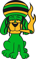kiffer raggae jamaika hanf weed stoned kiffen rauchen joint bekifft welpe sitzen klein kind warten gehorsam lustig hund süß niedlich haustier comic cartoon