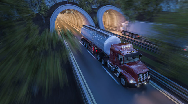 Commercial Trucks Moving through Side by Side Tunnels