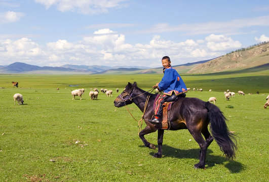 Boy riding a horse in a beautiful scenic view of nature.