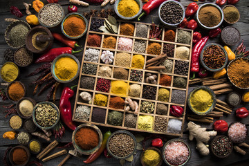 Assorted Spices in a wooden box