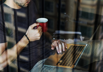 Caucasian man working shoot.