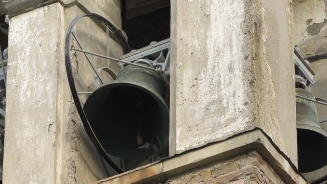 Close up Italian Church Bell Ringing on Bells Tower.Without Sound