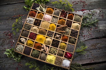 Assorted Spices in a wooden box