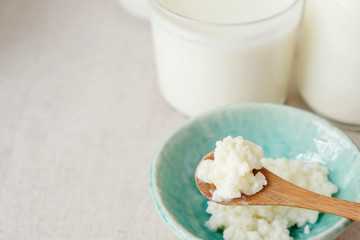 Organic probiotic milk kefir grains, Tibetan mushrooms and kefir milk in glass containers