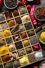 Assorted Spices in a wooden box