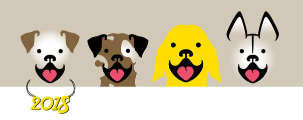 Vector illustration with four smiling dogs of different breeds. Dog smiles. Vector template for the new 2018 year.