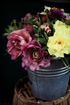 Colorful Peonies bouquet in an old enamel can on dark background
