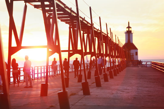 St Joseph Lighthouse on Lake Michigan at sunset