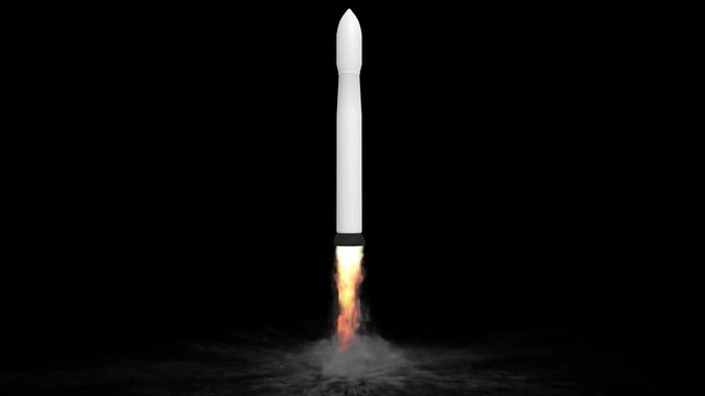Animated launch or takeoff of a simple two stage space or orbital rocket with one buster burning liquid fuel leaving smoke tail. Fire and smoke bounce of from invisible launch pad.