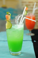 fresh fruit mocktail in glass with lemon