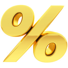 Gold percent sign with gradient reflections isolated on white