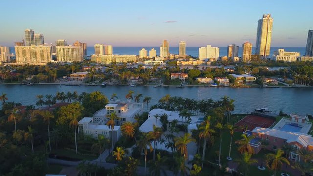 Aerial establishing Miami Beach islands and real estate 4k