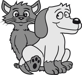 2 freunde team paar katze kätzchen freunde sitzen sitz gehorsam lustig hund welpe süß niedlich haustier comic cartoon