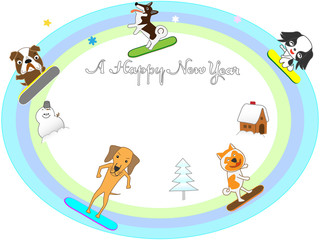 ２０１８年の年賀状素材の犬のスノーボード