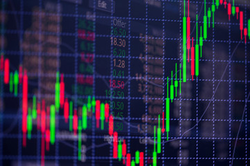 Candle stick graph chart with indicator showing bullish point or bearish point, up trend or down trend of price of stock market or stock exchange trading, investment concept.