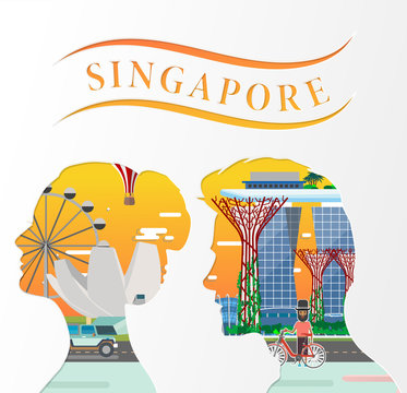 Travel infographic.Singkapore  infographic; welcome toSingkapore. Travel to Singkapore .Paper art style .Shadow of Singapore concept.