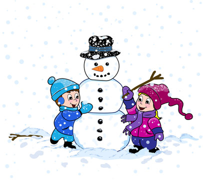 A young boy and girl having fun making a snowman on a cold winter day, with snow falling down around them.