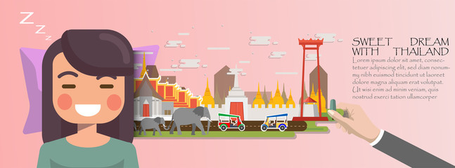 Woman sleep . Sweet dream with Bangkok concept.Thailand infographic