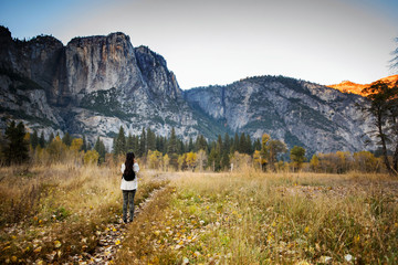 Black haired young girl in Yosemite Valley taking photo of landscape