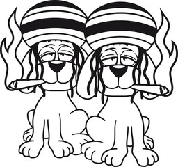 2 freunde team paar brüder kiffer raggae jamaika hanf weed stoned kiffen rauchen joint bekifft welpe klein kind warten gehorsam lustig hund süß niedlich haustier comic cartoon