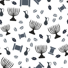 Obraz premium Hanukkah seamless pattern. Hanukkah symbols - candles, menorah, dreidel, star and donuts. Vector illustration for Jewish holiday