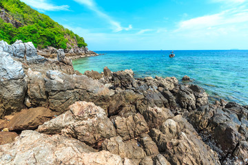Fototapeta na wymiar Kai island, Phuket, Thailand. Small tropical island with white sandy beach and blue transparent water of Andaman sea.